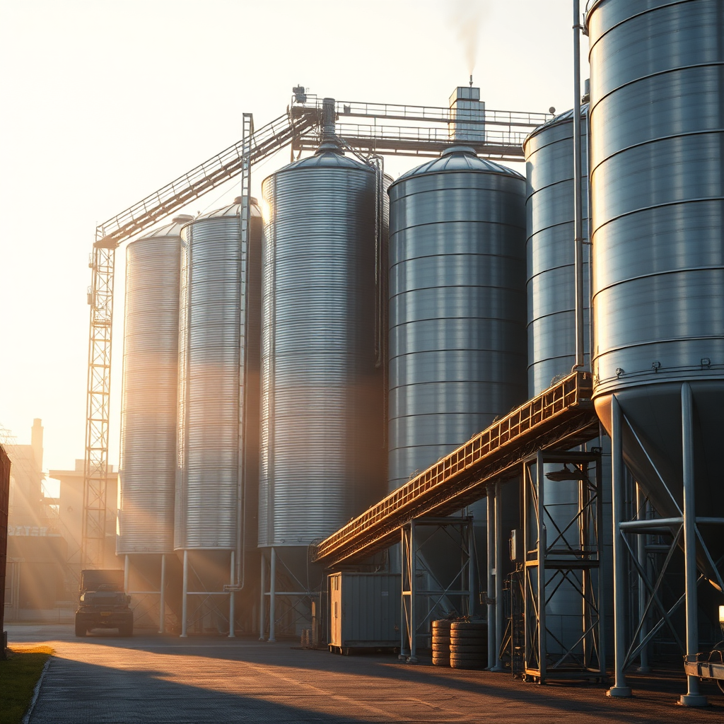 Grain silos and agricultural storage facility in a modern industrial setting