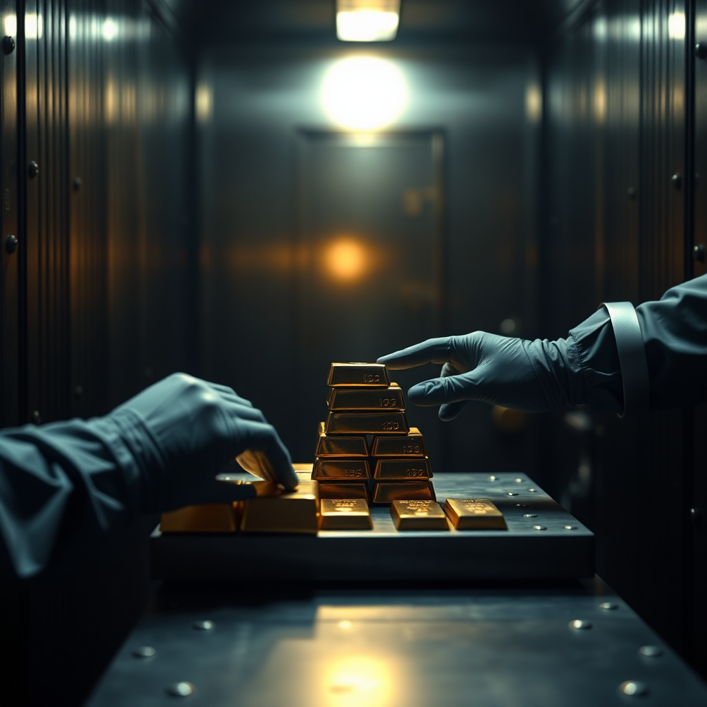 Precious metals scene with gold bars and secure handling in a premium financial aesthetic