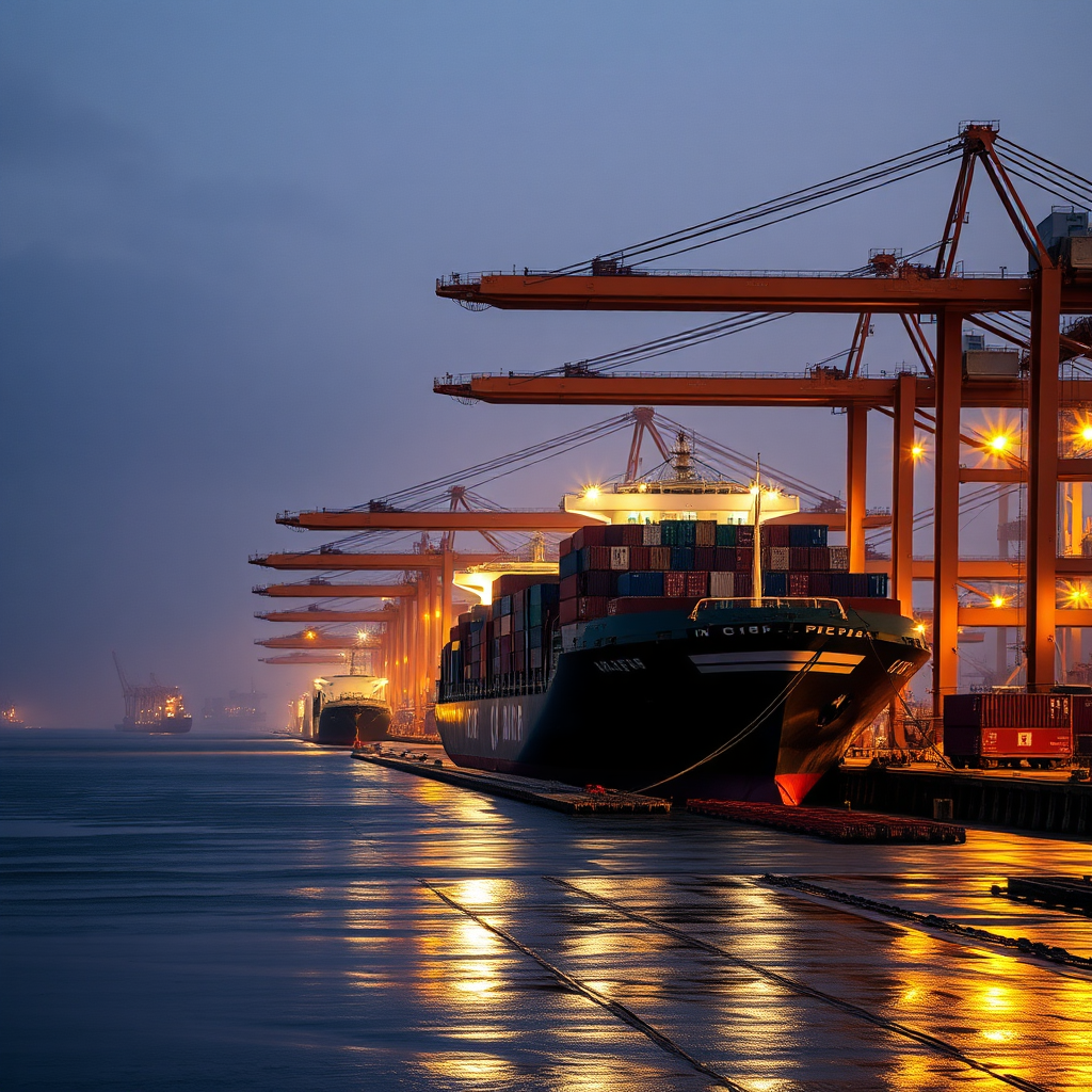 Cinematic port scene with container ship and cranes at dusk, global trade atmosphere