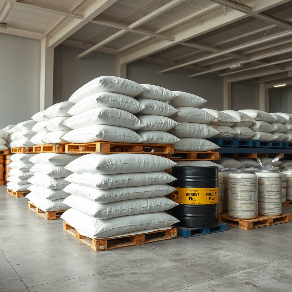 Premium food commodities scene with sacks, grains, and packaged goods in a modern warehouse